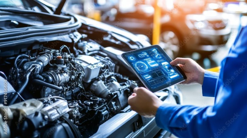 Diagnostic tools being used to evaluate engine performance and detect faults in a vehicle's system for repair purposes.